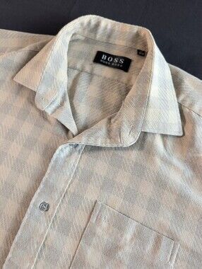 Hugo Boss Heavyweight Men's Button Up Grey And Beige Check 17 Neck